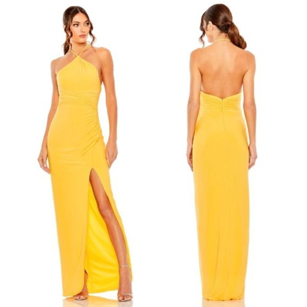 MAC DUGGAL Halter Neck Rouched Side Front Slit Gown in Marigold Size Large